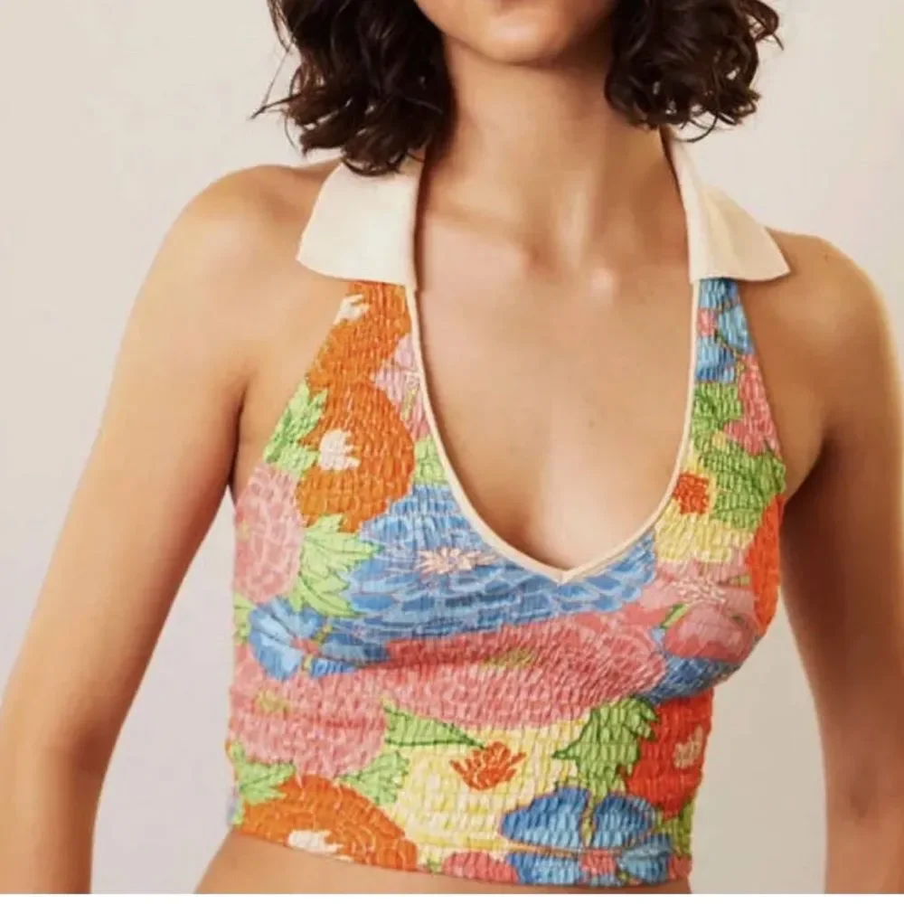 zara womens size S halter floral Smocked cropped top orange blogger fav - Picture 1 of 3